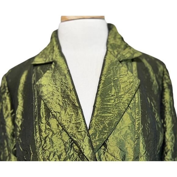 Chicos Blazer size 1 M Olive Green Crinkled Satin Metallic Evening Jacket - Picture 3 of 6